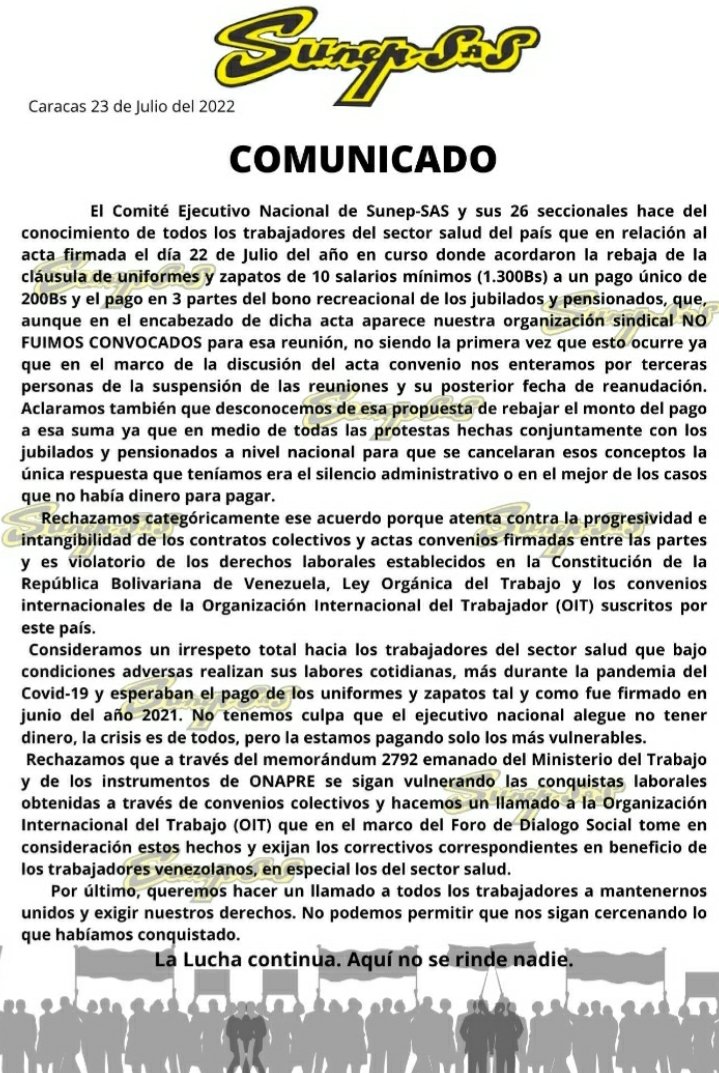 julioporlavida's tweet photo. La mayoría de Gremios y Sindicatos del Sector Salud rechazamos la reducción de los derechos laborales.

Por Uniformes y Zapatos,  NO son 200Bs como lo entregó el sindicato Patronal, se exige el pago total de los 1300 Bs tal como esta en la Cláusula.  #SunepSas https://t.co/YdJKYApXCC