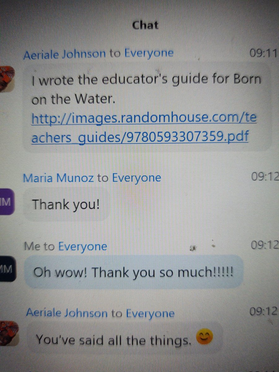When you're online, learning about African children's books and the book, 'Born in the Water' is mentioned and you put in the chat that you have the book AND THEN the author of the educator's guide adds something in the chat!!!! 😍 #TeachingBlackHistory #MotherAfrica2022