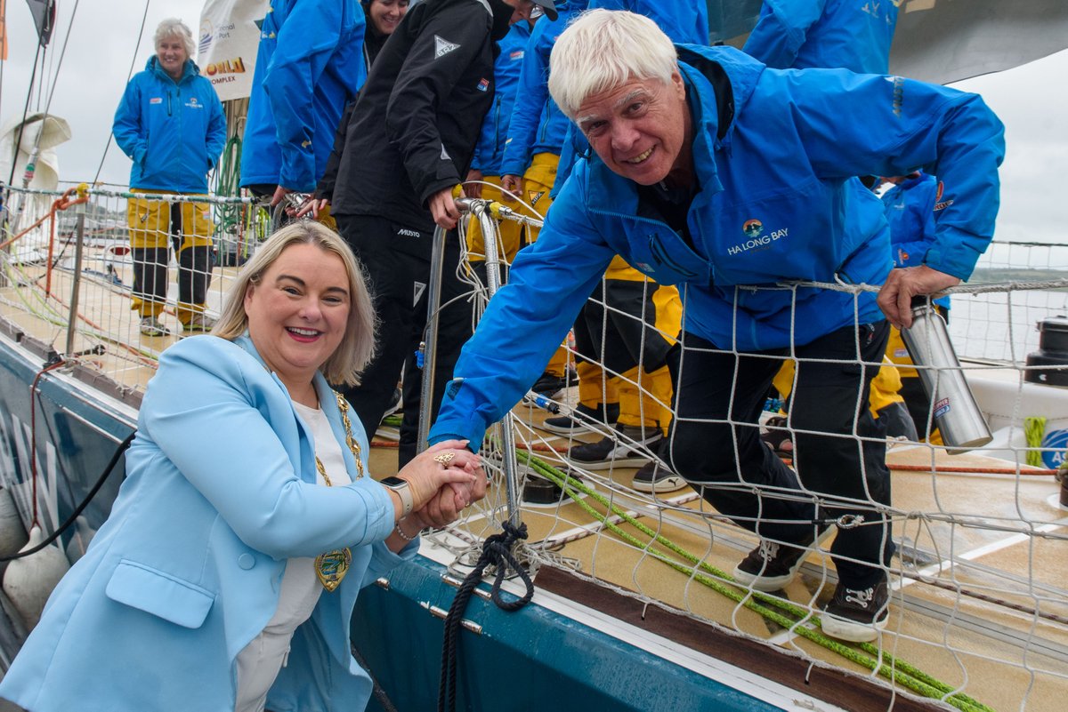 dcsdcouncil's tweet photo. The weather didn’t dampen the spirits today as the Mayor joined the crowds on the quayside to bid farewell to the @ClipperRace fleet as they left the city on the final leg of their global adventure, on the final day of the Foyle Maritime Festival.
#FMF22 https://t.co/ZmjRKlAJeN