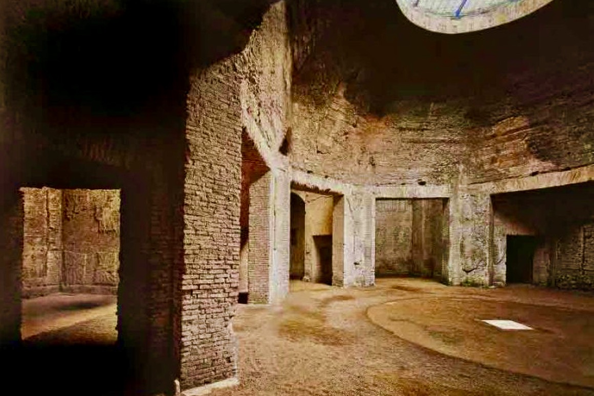 Two thousand years ago, the vile, corrupt emperor Nero sat in this, his dining room (its shape was oval), issuing commands. Discovered in modern times by archeologists.