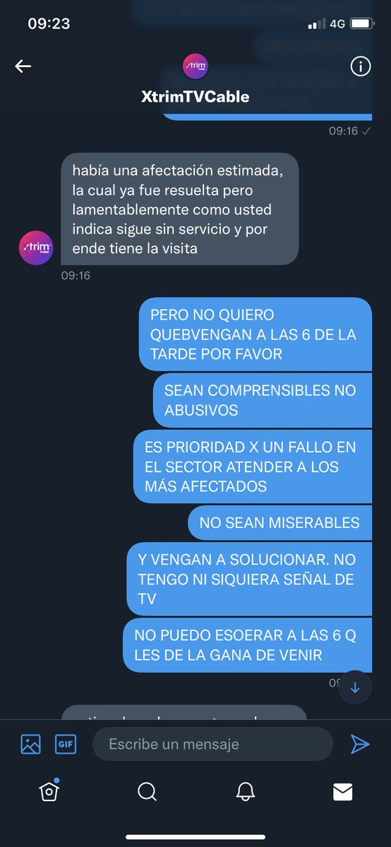 larachelg's tweet photo. @XtrimTVCable AHORA EL DAÑI ES DEL SECTIR DICEN Y YO COMO JODIDA ESPERAR QUE SOLUCIONEN CUANDO LES DA LA GANA MENTIROSOS ABUSIVOS DEBO AGRADECER Q DISQUE VENGAN A ESA HORA CUANDO DEBEN SOLUCIINAR YA! YA VOY MÁS DE 12 HORAS SIN SERVICIO.ABUSIVOS https://t.co/eBu1mzNkw6