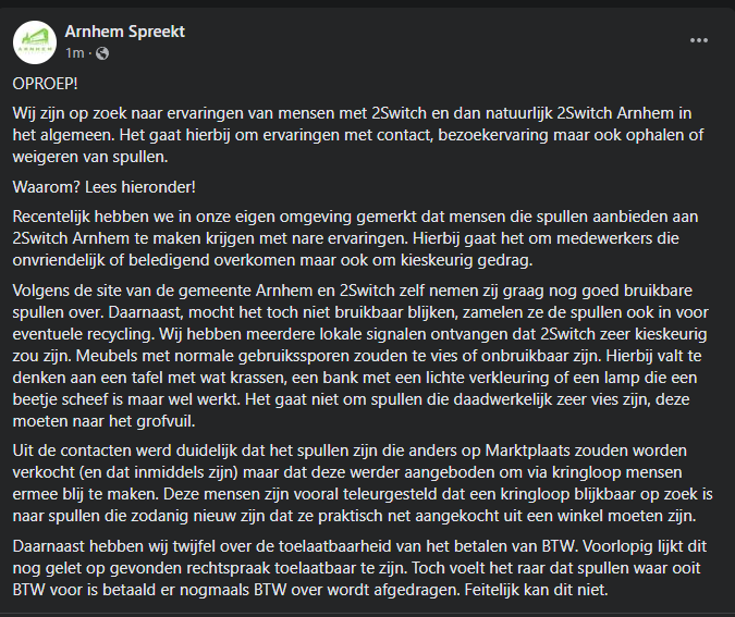 ArnhemseSpreekt's tweet photo. OPROEP!

Ik ben op zoek naar ervaringen van mensen met 2Switch Arnhem die deze willen delen. Aanleiding is zeer nare ervaringen van mensen in mijn wijk zeer recentelijk. Delen wordt gewaardeerd! #Arnhem #2Switch #kringloop #tweedehands https://t.co/PHE3eYXgcc