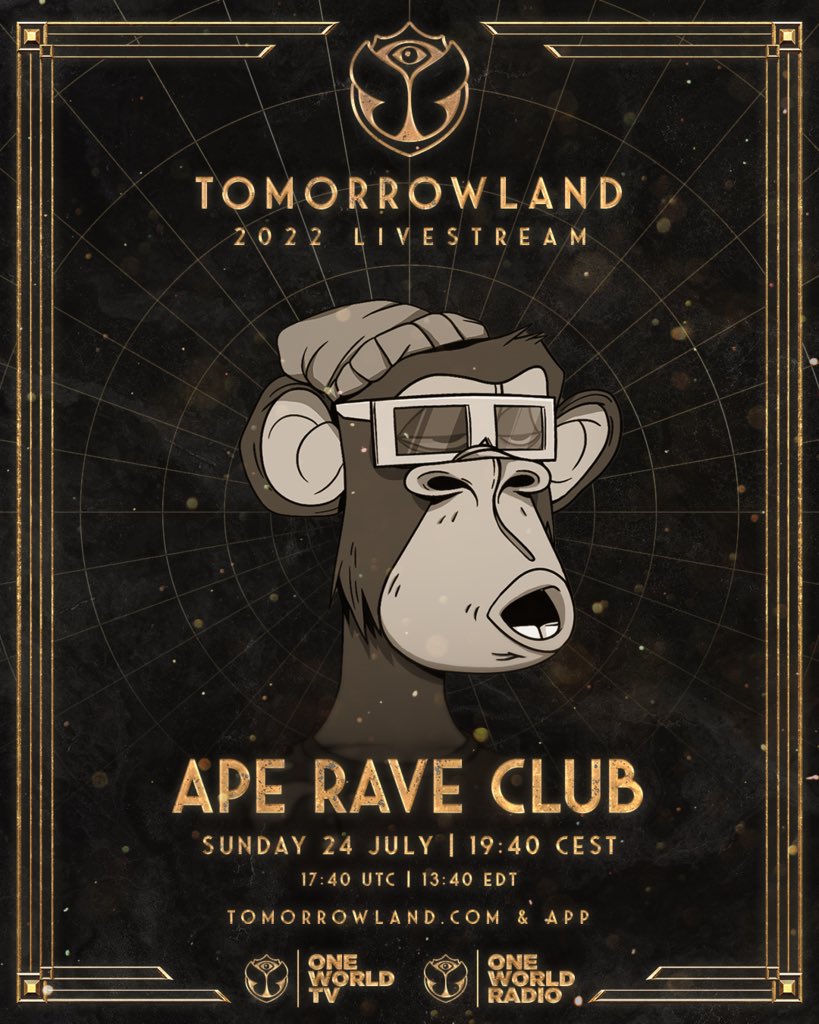 All apes &amp; frens RT to spread the word! <a href="/BoredApeYC/">Bored Ape Yacht Club 🍌</a> <a href="/Giba9184/">Giba 🍌🔊</a> taking over the <a href="/tomorrowland/">Tomorrowland</a> main stage TODAY! 🍌🔊