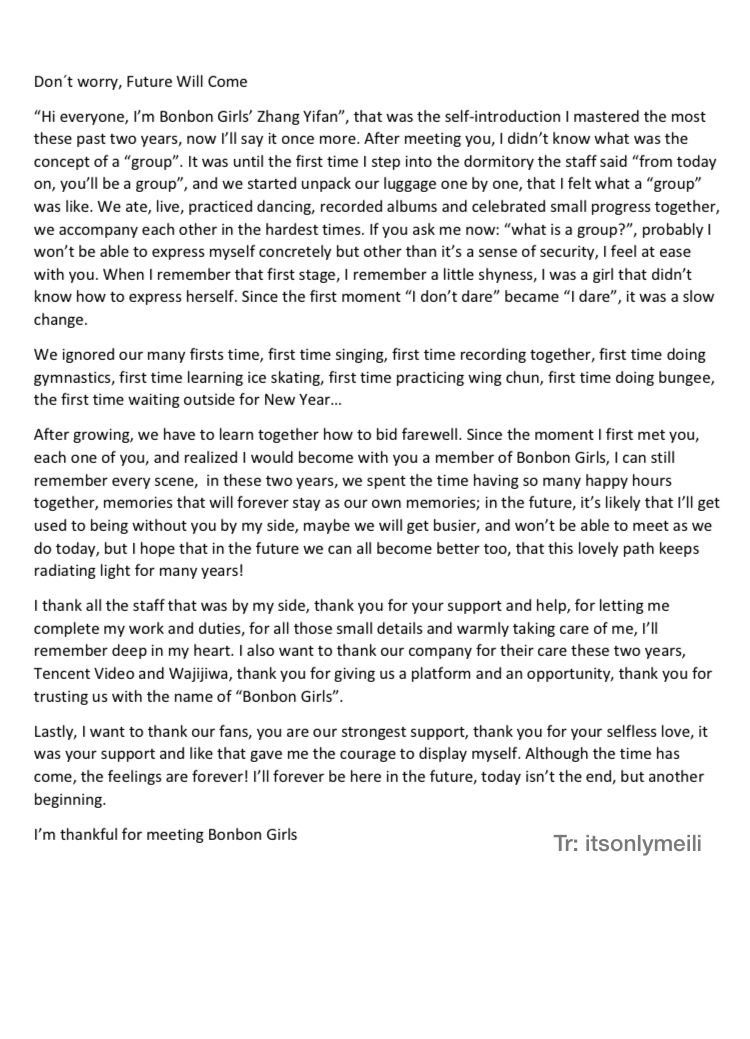 Rough translation of Zhang Yifan’s weibo post (it was her farewell speech)