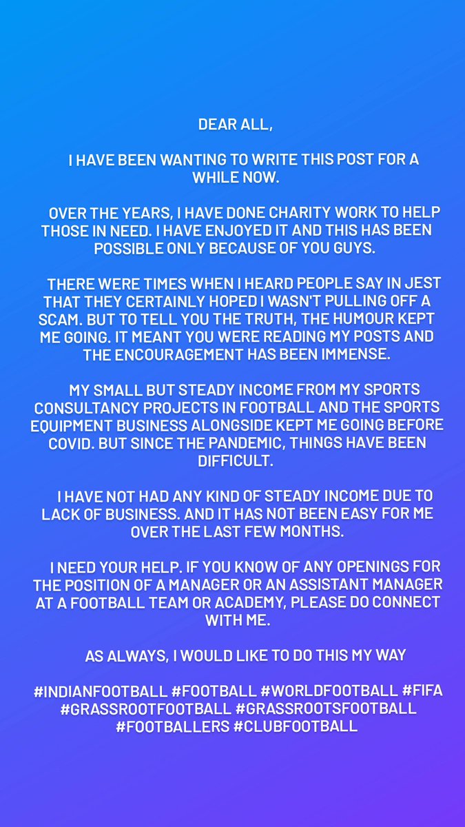 Guys please spread the message.Its a sincere request 🙏

@BluePilgrims @ArkaTweets1 @philarima @InjuryTimeInd @WomensFootieIND @OfficialHoIF

#football #IndianFootball #FIFA #afc #grassrootfootball #grassrootsfootball #worldfootball