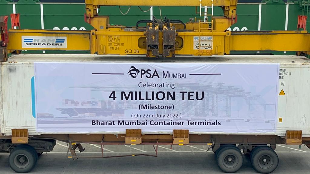 PSAIndia1's tweet photo. @PSAMumbai achieves significant 4 Million TEUs milestone on 22nd July 22, within a span of 4.5 years of operations since Feb 2018. Sincere thanks to all the stakeholders for continuous support and cooperation.@JNPort @shipmin_india @globalPSA @IndiaPsa https://t.co/mBIwV7pBai