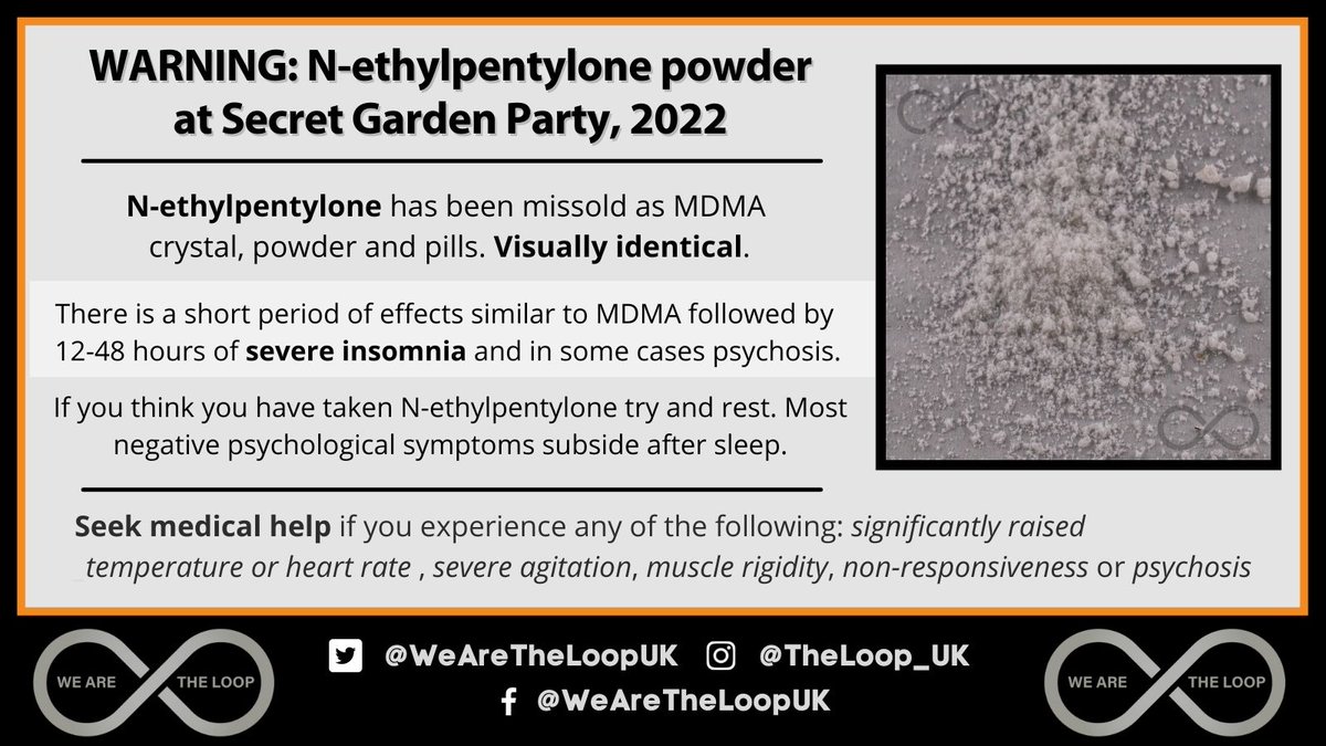 WeAreTheLoopUK's tweet image. N-ethylpentylone, a long-lasting cathinone, was identified in circulation @SecretGardenHQ. Looks &amp;amp; tastes indistinguishable from MDMA. Can cause insomnia, anxiety &amp;amp; paranoia.
Please take care, seek medical help if unwell &amp;amp; regularly sip water.
#LoopAlert
#JustSayKnow
#TimeToTest