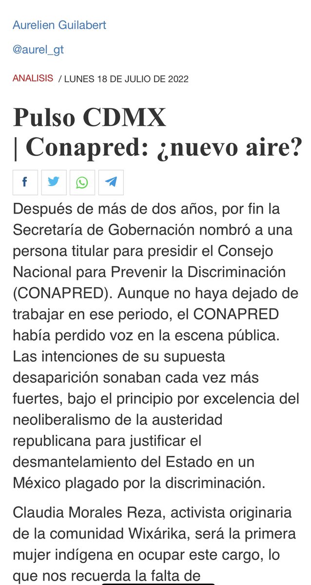 La discriminación excluye, violenta, mata. La nueva presidenta del <a href="/CONAPRED/">Conapred</a> tiene una oportunidad para fortalecer y ampliar la lucha por la prevención y contra la discriminación desde una perspectiva interseccional junto con la #SociedadCivil. 
↘️elsoldemexico.com.mx/analisis/pulso… #Domingo