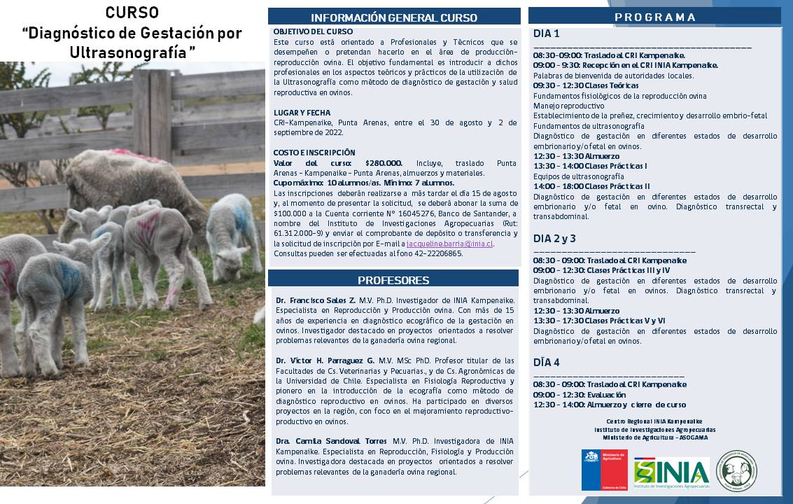 #ATENCION 🚨alerta de curso: “Diagnóstico de Gestación por Ultrasonografía"
-Son sólo 10 cupos
-Fecha de inicio: 30 de agosto
-Inscripciones: 
👉Vía formulario forms.gle/HiPgPuzzocXQVA…
👉A través de correo: jacqueline.barria@inia.cl
👉En nuestras oficinas, Avda. España 01720