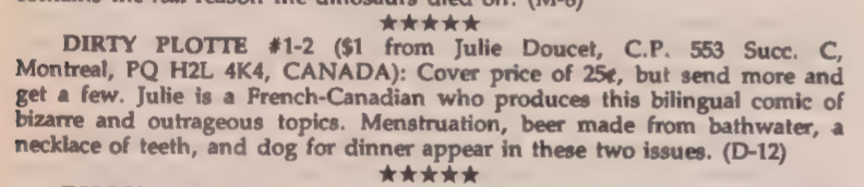 F5_archive's tweet photo. Interesting, although there are plenty of reviews of Dirty Plotte in #Factsheet5 there's no evidence of strips being published in 1988 or any other year. Since some issues are OCR'd and some are not, I could be totally wrong. @DandQ, do you know? https://t.co/D81wGHDJVy