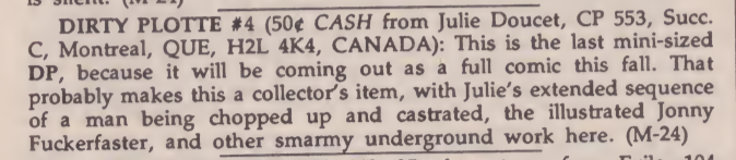 F5_archive's tweet photo. Interesting, although there are plenty of reviews of Dirty Plotte in #Factsheet5 there's no evidence of strips being published in 1988 or any other year. Since some issues are OCR'd and some are not, I could be totally wrong. @DandQ, do you know? https://t.co/D81wGHDJVy