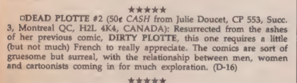 F5_archive's tweet photo. Interesting, although there are plenty of reviews of Dirty Plotte in #Factsheet5 there's no evidence of strips being published in 1988 or any other year. Since some issues are OCR'd and some are not, I could be totally wrong. @DandQ, do you know? https://t.co/D81wGHDJVy