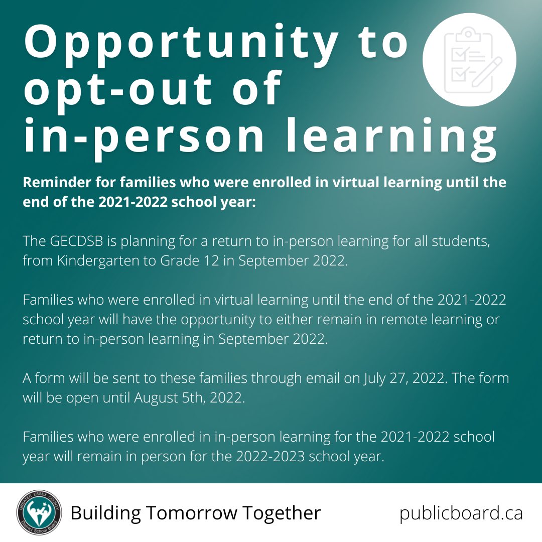 Reminder for families who were enrolled in virtual learning until the end of the 2021-2022 school year: