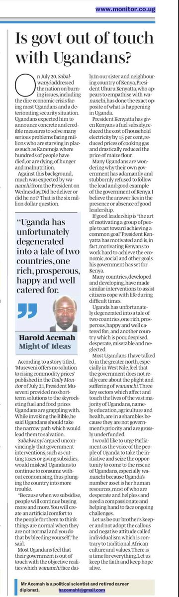 Most Ugandans I have talked to in the greater North, especially in West Nile, 
feel that government does not really care about the plight and suffering of wanaichi. 

✍️ Harold Acemah