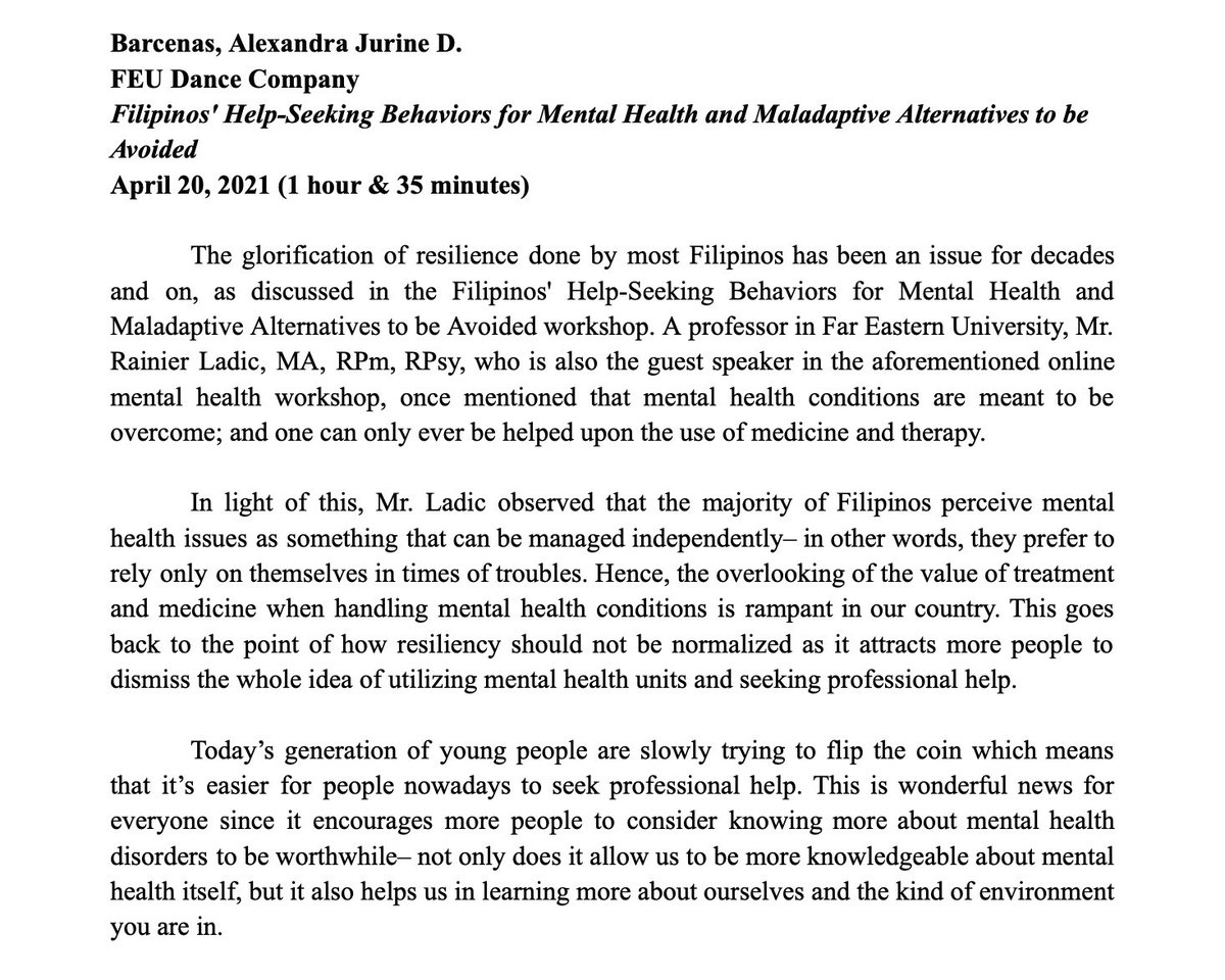 lexbarcenas's tweet photo. Barcenas, Alexandra Jurine D.
FEU Dance Company
Filipinos' Help-Seeking Behaviors for Mental Health and Maladaptive Alternatives to be Avoided
April 20, 2021 (1 hour &amp; 35 minutes) 
@FEUCenterArts https://t.co/1iOl2TRsz3