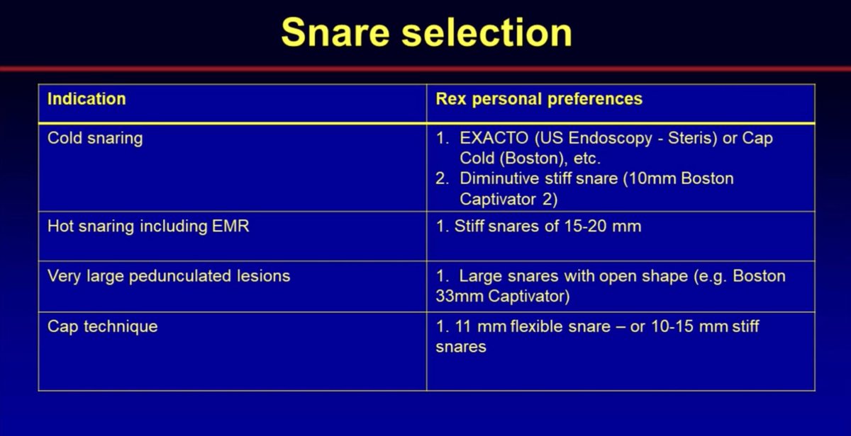 Snare Selection for Polypectomy ➰ ▪️Cold snare ▪️Hot snare including EMR ▪️Very large pedunculated lesions ▪️Cap techniques ⭐️ Use a larger snare but have discretion to take smaller targeted pieces @Rex_colonoscopy 🔗 asge.org/home/resources… #GITwitter @ASGEendoscopy