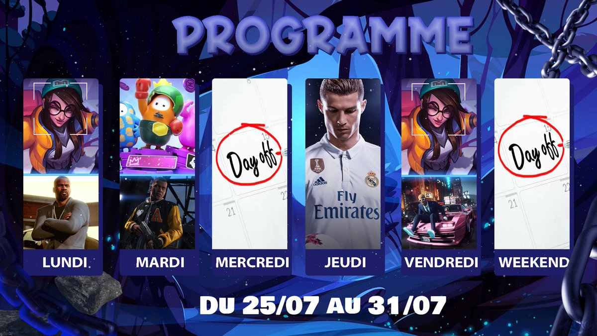 braxx_Tv's tweet photo. Weshhh l’équipage !!! 😎

Voici le programme du 27/07 au 31/07 

A très vite les bg !! #bx 

⏱Live à 21h ⏱

🟣https://t.co/7S026z0ULX https://t.co/m79vUxrxjc