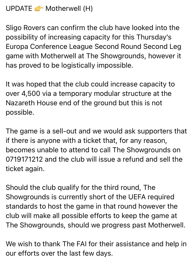 sligorovers's tweet image. Update 👉 Motherwell (H)

#bitored