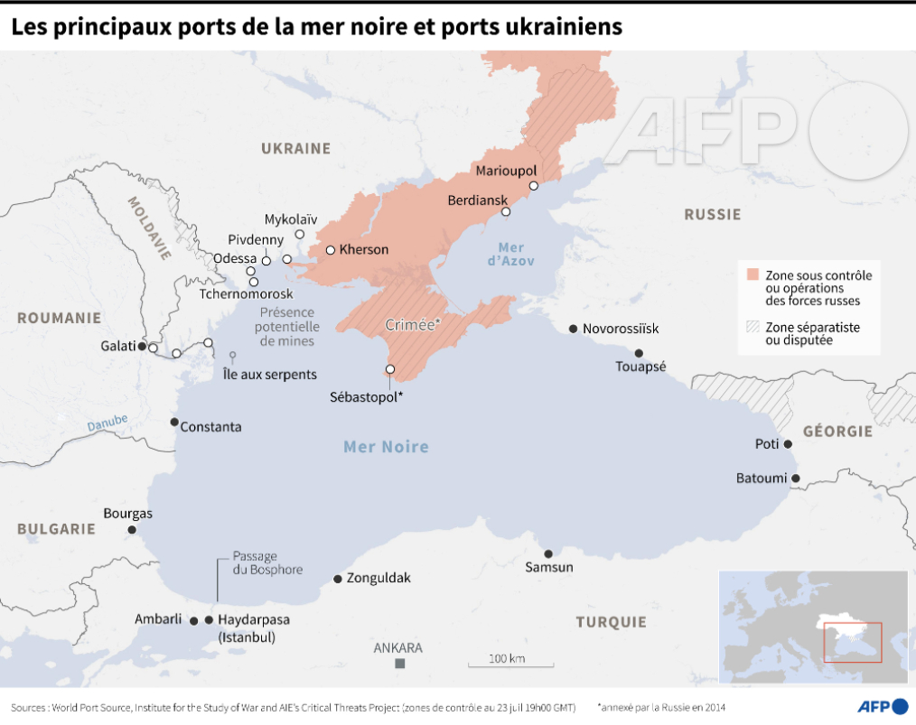 afpfr's tweet photo. [A LA UNE A 18H]
L'invasion russe de l'#Ukraine est entrée dans son sixième mois, au lendemain de frappes sur le port d'Odessa qui menacent l'application de l'accord sur la reprise des exportations des céréales bloquées par la guerre #AFP 1/5 https://t.co/zaulHFxXF2