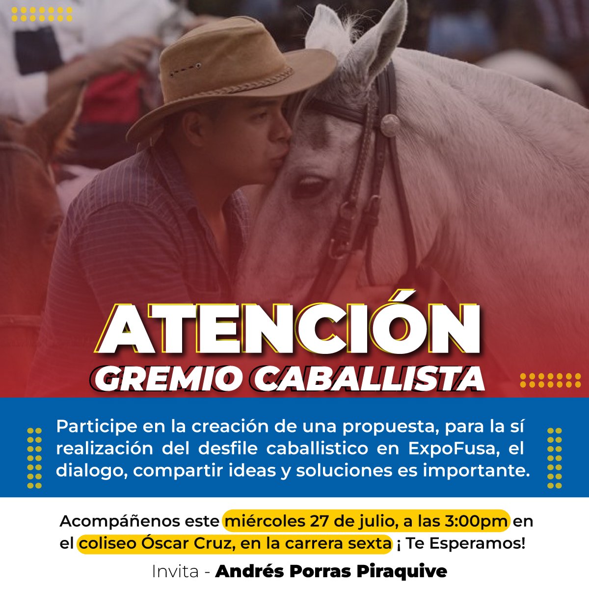 andresporraspi's tweet photo. Pedimos junto al gremio #Caballistico una charla técnica, logística y sensata a favor de realizar el #desfile #equino en apertura a #Expofusa @AlcFusagasuga garantizando el cuidado de los ejemplares.
Gracias por el aporte #ANCA y demás #Criaderos. https://t.co/EiHCxOQ8Jz