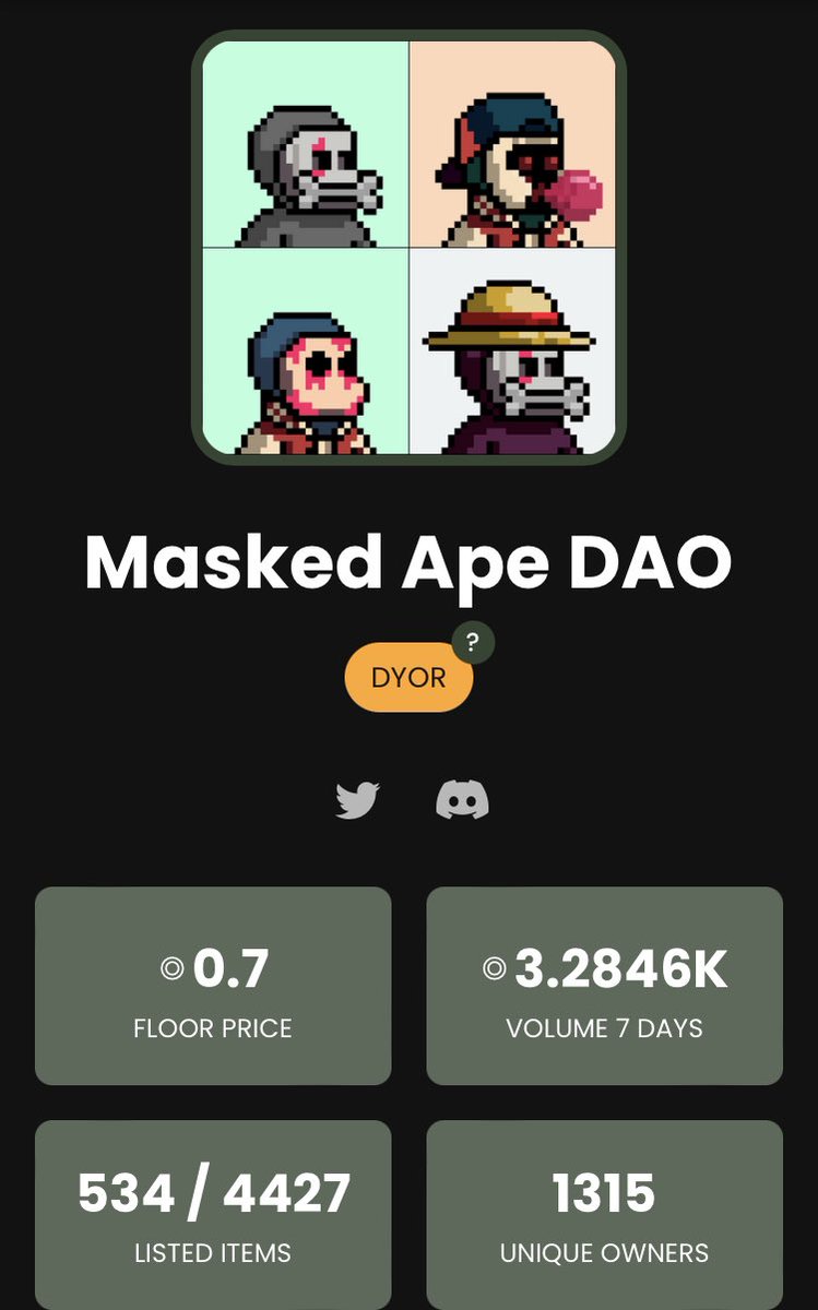 Base (@basesol_nft) on Twitter photo 🔥Base Alpha🔥
Project: <a href="/MaskedApeDAO/">MaskedApe DAO</a>
FP: 0.7 SOL
Entry: 0.6-0.7 SOL
Reason: see the tweet below👇
IMO a no brainer at this price cause it was always a strong bottom in the past and it’s still a super strong community
(look how they raided the tweet below 🔥)
NFA DYOR ! 🔥Base Alpha🔥
Project: <a href="/MaskedApeDAO/">MaskedApe DAO</a>
FP: 0.7 SOL
Entry: 0.6-0.7 SOL
Reason: see the tweet below👇
IMO a no brainer at this price cause it was always a strong bottom in the past and it’s still a super strong community
(look how they raided the tweet below 🔥)
NFA DYOR !