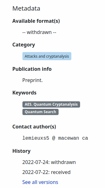 mjos_crypto's tweet photo. That polynomial-time key search paper (ePrint 2022/948) is gone now. https://t.co/1wWx7nqHfN