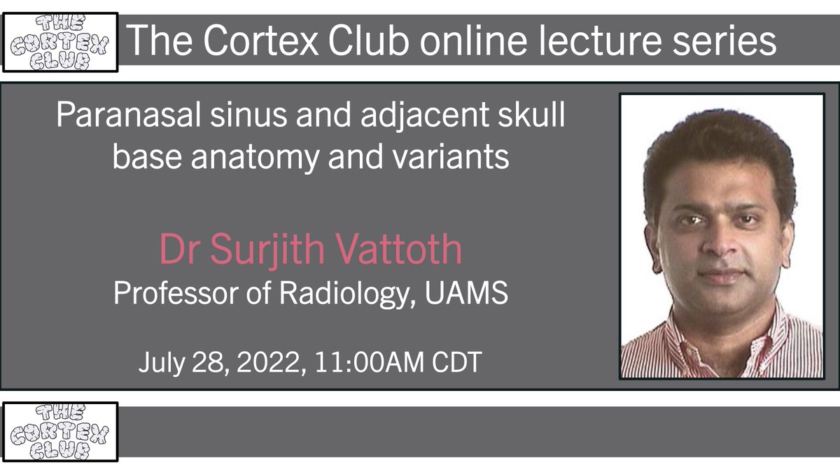 PublishedXPrime's tweet image. Very excited to announce the kick off of #TheCortexClub online lecture series!

The series will cover #Neurorad topics by top national &amp;amp; international faculty

1st in the series is a lecture by @drSurjthVattoth on PNS anatomy Thu July 28 11AM CDT

Join us!
mcw-edu.zoom.us/j/97190724179?…
