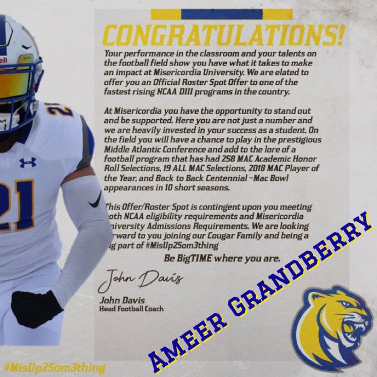 BLESSED AND VERY APPRECIATIVE TO RECEIVE MY FIRST COLLEGE OPPORTUNITY!! #AGTG💛💙 @MisericordiaHFC @MUCougarsFB @Coach_BWiLL21 @K_Price73 @Coach_Cottle @Coach_McCrann @SportsByBLinder