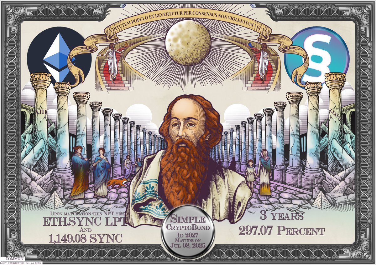 Donated #CryptoBond no. 2027 to 
@silvert41202378 with $ETH / $SYNC LPT plus an equal amount of $SYNC. Upon maturation in 3 years this #NFT yields 297% additional $SYNC!  Plus a free copy on #PulseChain 

view.syncbond.com/?id=2027

Create #CryptoBond's at syncbond.com