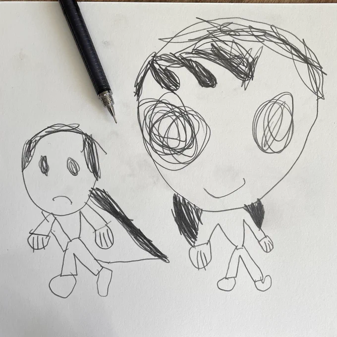 息子が描いた「親分と子分」。ちなみに大きい方が子分だそうです😂  今日は一日、親分と子分という言葉の定義について親子で語り合いました😆

#息子画廊 
