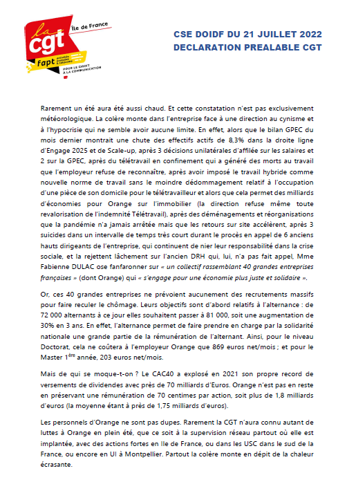 CgtTelecomParis's tweet photo. #Orange #CSEDOIDF #DOIDF
Déclaration préalable CGT au CSE de la Direction Orange Ile de France le 22 juillet 2022. https://t.co/CAmzTN0p8h