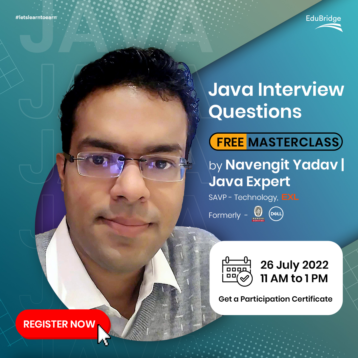 EduBridgelearn's tweet image. Free Masterclass Alert
Topic: Java Interview Questions
Speaker: Navengit Yadav
When: 26th July @ 11 am

Register Now @ bit.ly/3RShcH0
@exl_service  

#java #javaprogramming #javainterviewquestionsandanswers #javainterviewquestions #careerpecharcha