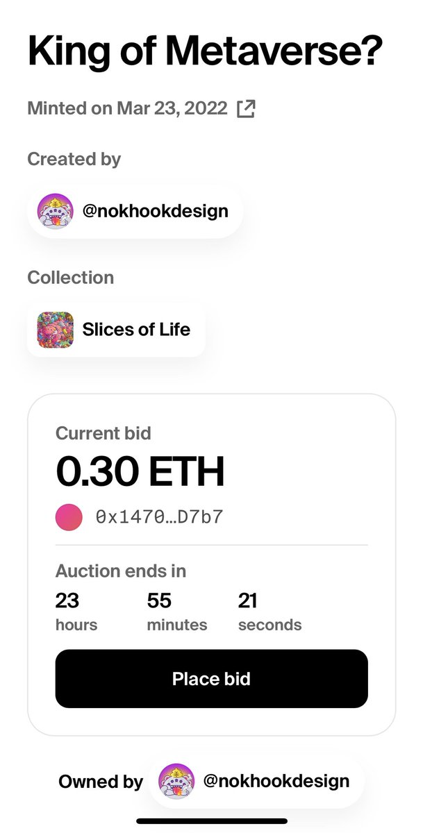 King of metaverse? Bidding now! 😘🥹 Auction end in 23 hours! LFG!!!!!! foundation.app/@nokhookdesign…
