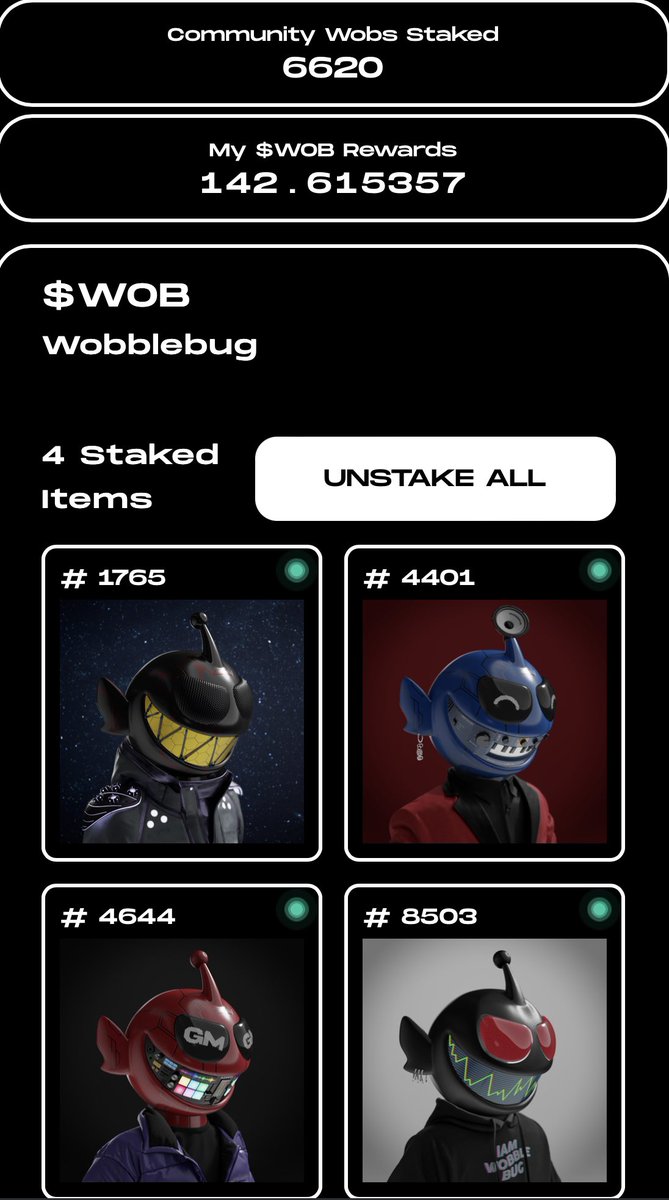 JayTerab's tweet photo. GM @Wobblebug’s!!!  Numbers staked is holding at 6620.  FP is down to 0.85 and numbers listed is up to 543.  Wobbledrugs FP is 0.10 and has 188 listed!!!  Commander has a question  🙌 📄?  Wob Wob https://t.co/cHpeRUfasb