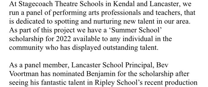 🎭 Benji was talent spotted whilst performing in our recent production of Matilda Jr. He has been offered a summer school scholarship to perform with Stagecoach. We are incredibly proud of this hard working, talented young man. An outstanding achievement 🎭<a href="/Ripley_Music/">Ripley Music</a>