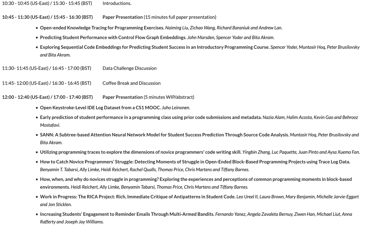 peterpaws's tweet photo. Thanks for the organizers and speakers for an excellent #EDM2022 programming session! If you are interested in EDM for CS, make sure to attend #CSEDM2022 workshop on Wednesday! See the program... https://t.co/vcX0YNCf3N https://t.co/fxBRtCsnIu