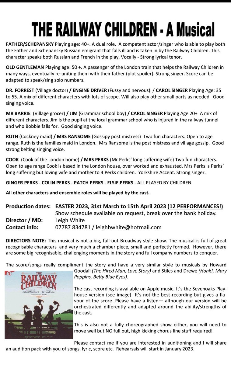 thelittleleics's tweet photo. AUDITIONS: THE RAILWAY CHILDREN - A MUSICAL
Below is the audition information for 2023's Easter Extravaganza 'The Railway Children.'
Children's auditions will take place on 1st October 2022, with adults following on the 15th. These are OPEN AUDITIONS! Register your interest now! https://t.co/Vz56zqdrC7