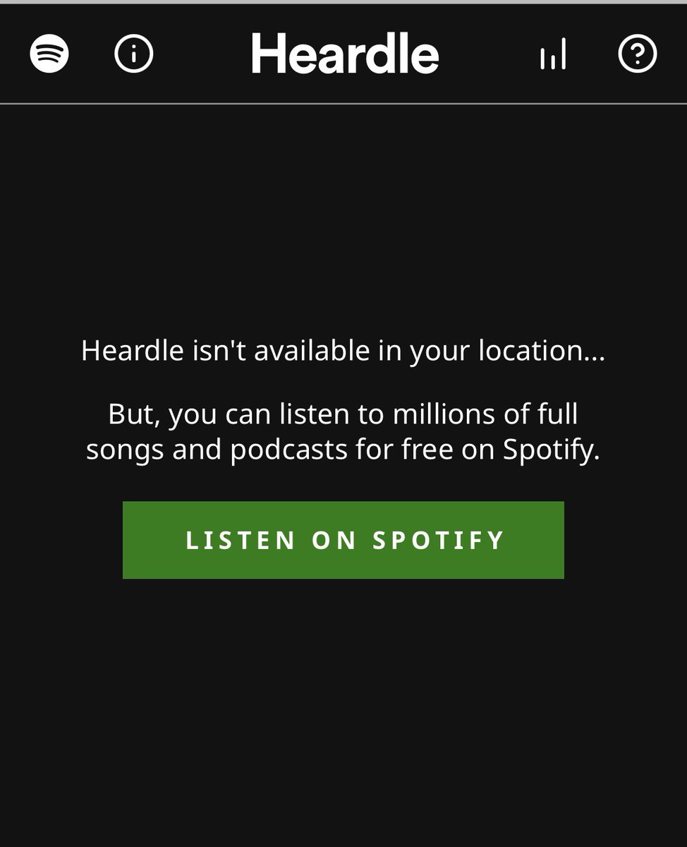JimBridges's tweet photo. @Spotify I'm guessing the day's song is "Another one bites the dust"? (But I'll never know because Heardle no longer works in the country where Spotify was founded.) https://t.co/aE4PWw5k6p