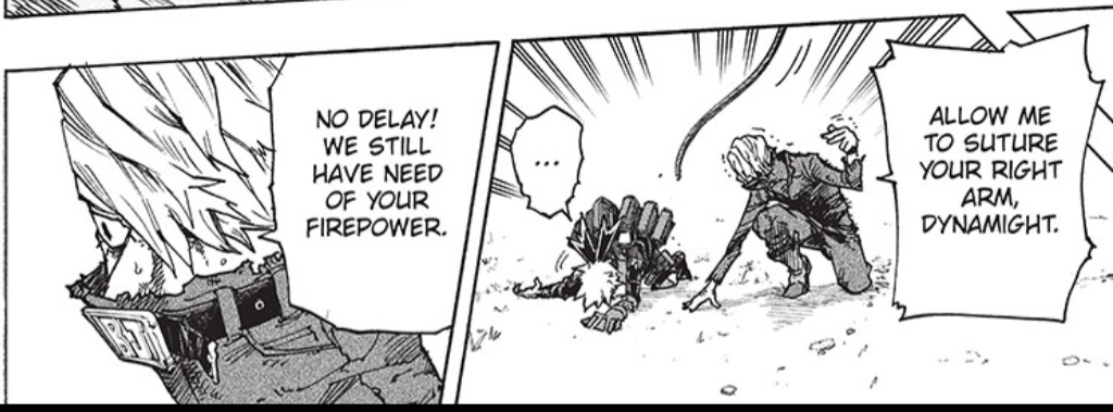 deadboyswalking's tweet photo. I LOVE this exchange, especially how Jeanist goes from strict battle strategy and only using BK's power to "holy fuck, this 17 year old kid is actually hurt really bad and I forgot how psychologically traumatizing early battles are". Really nice moment for them #BNHA360 https://t.co/tk75tXNDdA