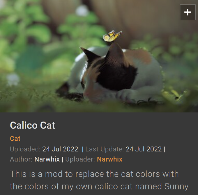 a screenshot of a nexus mod entry reading "Calico Cat: this is a mod to replace the cat colors with the colors of my own calico cat named Sunny"