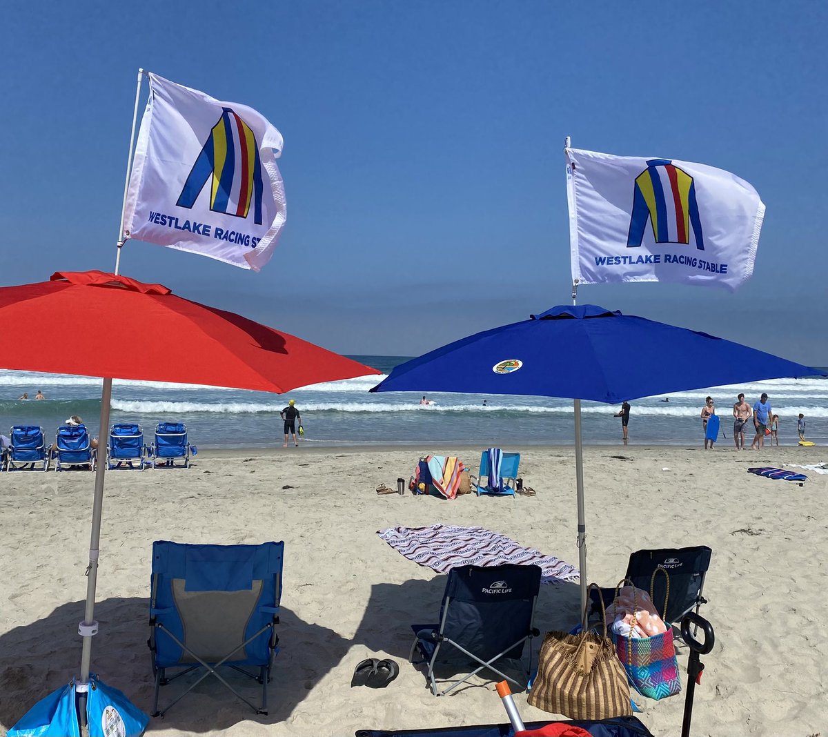 westlakeracing's tweet photo. On DEL MAR BEACH flying the flags. Our 3 yo filly MISS MATTIE B goes in the 11th today @DelMarRacing.  @bobhessjr @mikeesmith10 @TVG @TVGMike https://t.co/wkY3uxeFiC