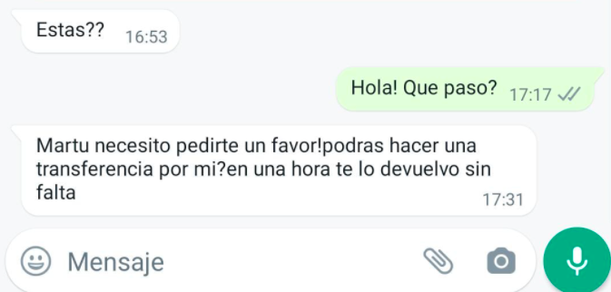 Creo que es importante difundir esto. Ayer recibí un mensaje por WhatsApp de un familiar pidiéndome una transferencia. De entrada, el pedido me pareció extraño. Pregunté en un grupo y había personas que recibieron el mismo mensaje y habían transferido su dinero. Los estafaron.