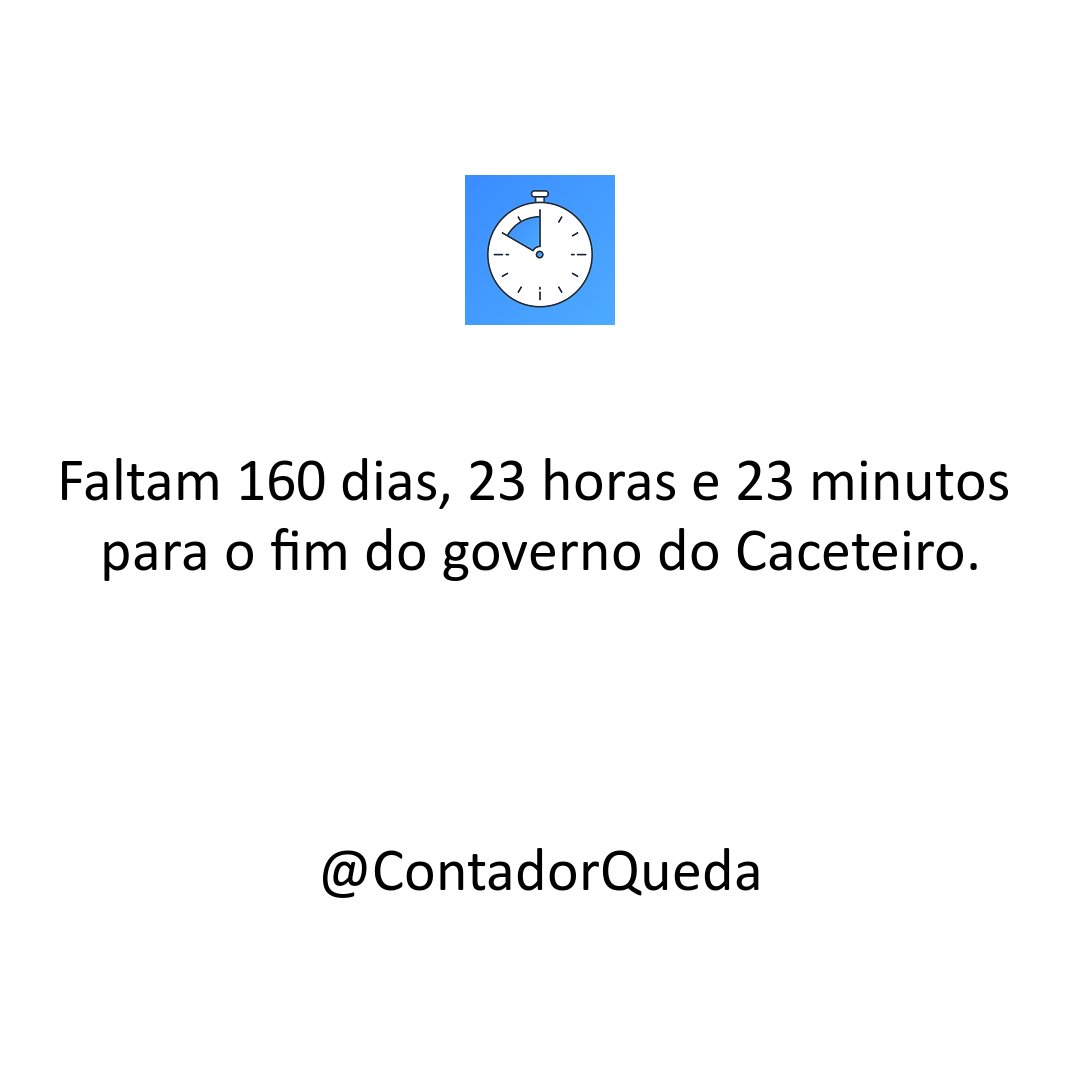 ContadorQueda's tweet photo. Faltam 70 dias para o 1º turno das #Eleicoes2022.

Faltam 160 dias, 23 horas e 23 minutos para o fim do governo do Caceteiro. https://t.co/7pvBLfRETb