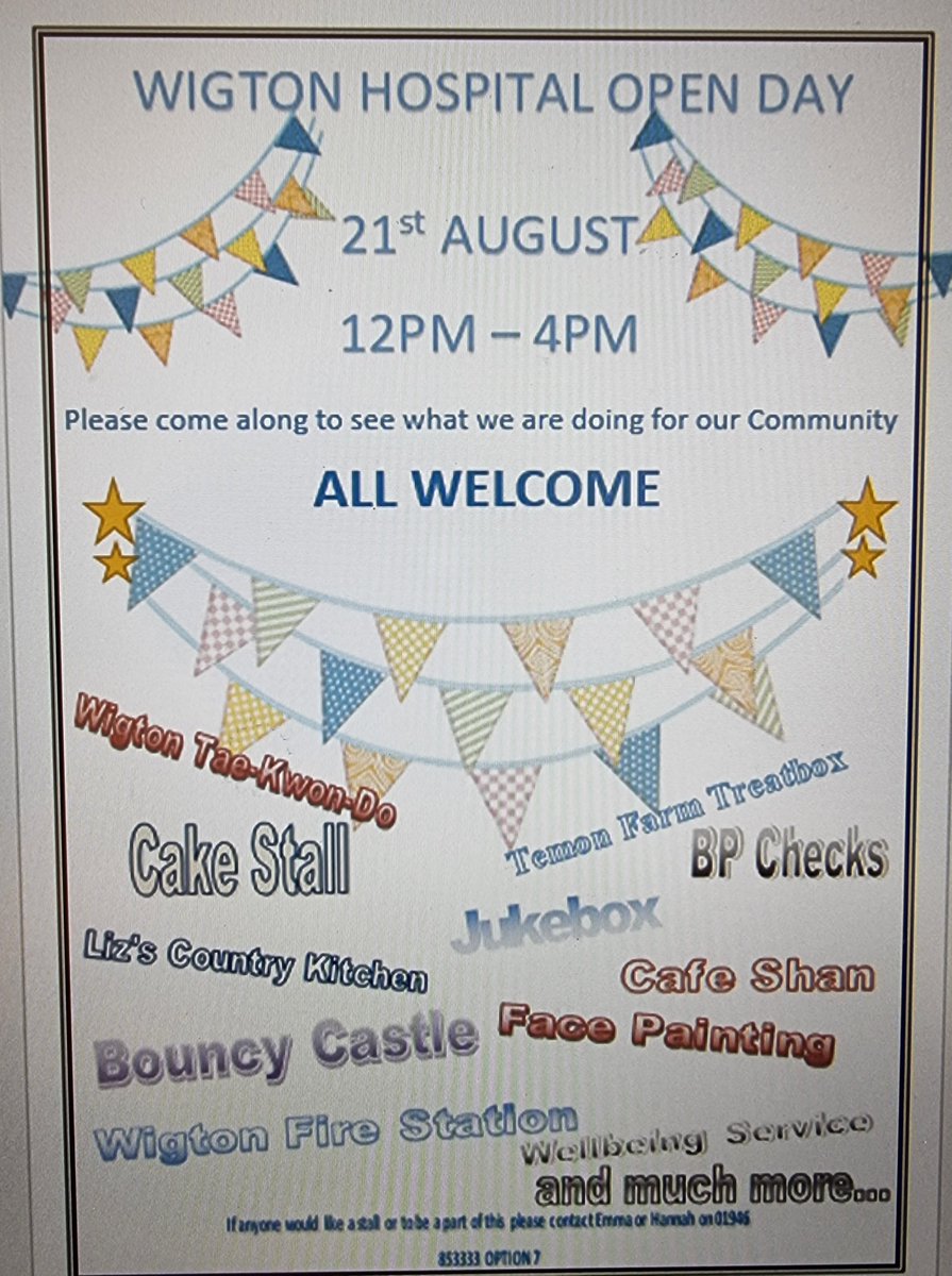 Wigton Hopsital Sunday 21st August. This is to showcase the amazing services that are provided at the Hospital. And show the future plans for Keswick &amp; Solway ICC.
There is a shuttle bus from town up to the hospital throughout the afternoon and plenty of fun for all of the family