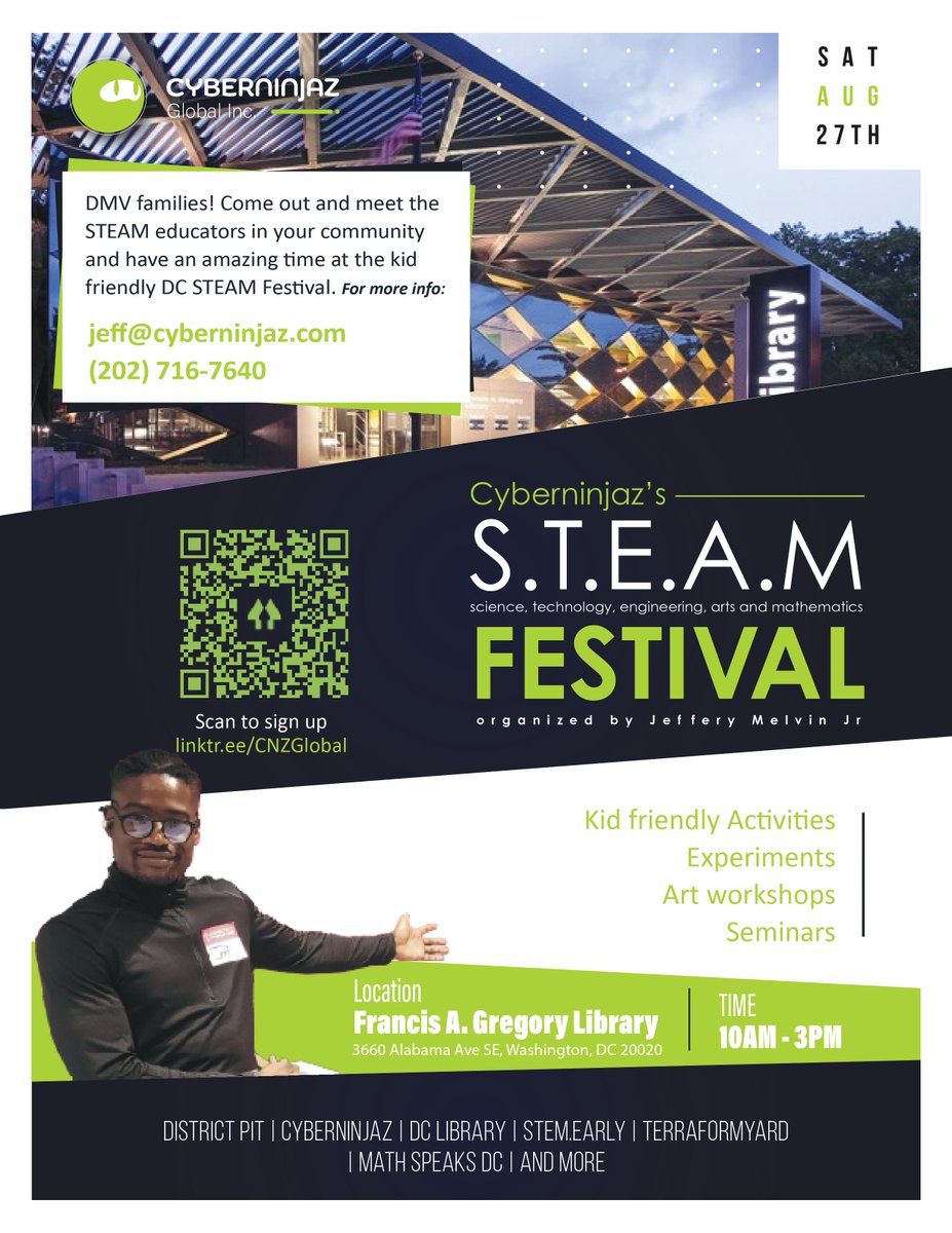 CNZ_Global's tweet photo. Another major development is on the way. Cyberninjaz Global is putting together a STEAM education event for DC on August 27th. 
Help us find STEAM vendors and fundraise for this event. 💻🖥⌨️🧮

Sign up here:
https://t.co/UXpCoCjKcc
#festival #dc  #educationequity #edcation #work https://t.co/QZRQVYmrz5