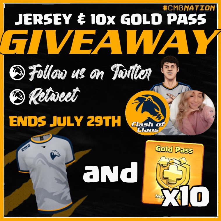 In honor of making it through to the playoffs of the Queso Cup, elected to do a giveaway of an official CMG Jersey and 10 Gold passes!!! 

Must follow : @CMG_Clash / <a href="/NotPaevu/">justin</a> / @NotErikuh in order to participate 
Must have an active PayPal to qualify.

GL! Winners picked 07/29