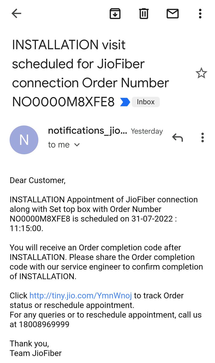 SandeepKBiswal's tweet photo. @JioCare I got an email saying installation is scheduled on 31st July 2022 which is 7 days from today. This is what you called the solution? Or you are still working on getting the solution?

If this is the solution then, I don't need it. Please proceed for the cancellation.

#JioFiber https://t.co/wnO1YLwifP
