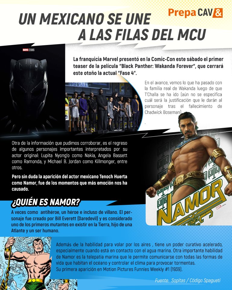 Prepa_CAV's tweet image. #InfografíaCAV Te compartimos un poco de información sobre #Namor, personaje que forma parte de la nueva película de @theblackpanther: #WankandaForever. #PrepaCAV #TanDiferenteComoTú #diseño #ilustración #animación #videojuegos #SDCC2022
