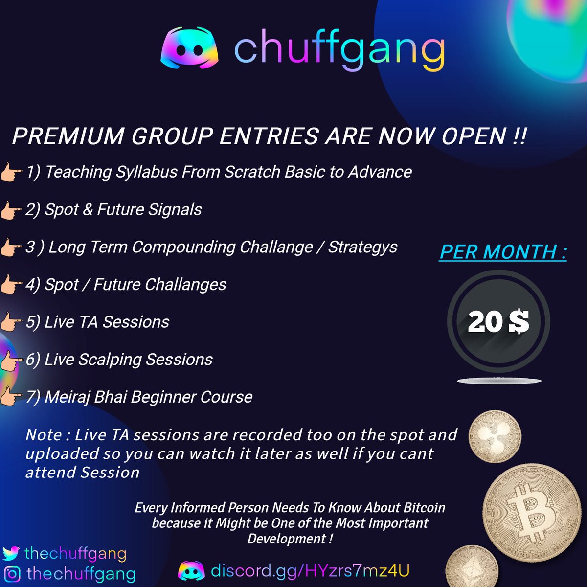 Get your slot now and become an independent trader 👻🫵🏻 

( join if you are looking to learn from basics scratch to advance and make money by following side signals of mods too 🥸😉 )
.
.

#thechuffgang #chuff #btc #alts #altseason #marketupdates #crypto #cryptocurrency
