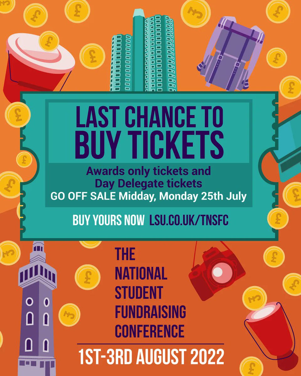 12 HOURS LEFT TO COME ALONG TO CONFERENCE AND THE AWARDS DINNER!!! 🎫🎟

Tickets for days of National Student Fundraising Conference and NaSFA Awards 2022 go off sale at midday on 25th July. 🧡

Buy tickets here: buff.ly/3yCDio3